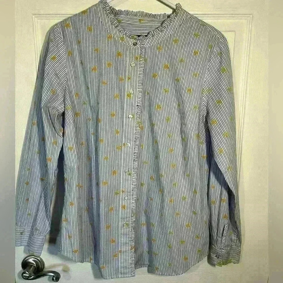 Talbots Button Up, Ruffle detail, Blue/White Stripe with Gold Hearts. Size Large - Picture 2 of 13